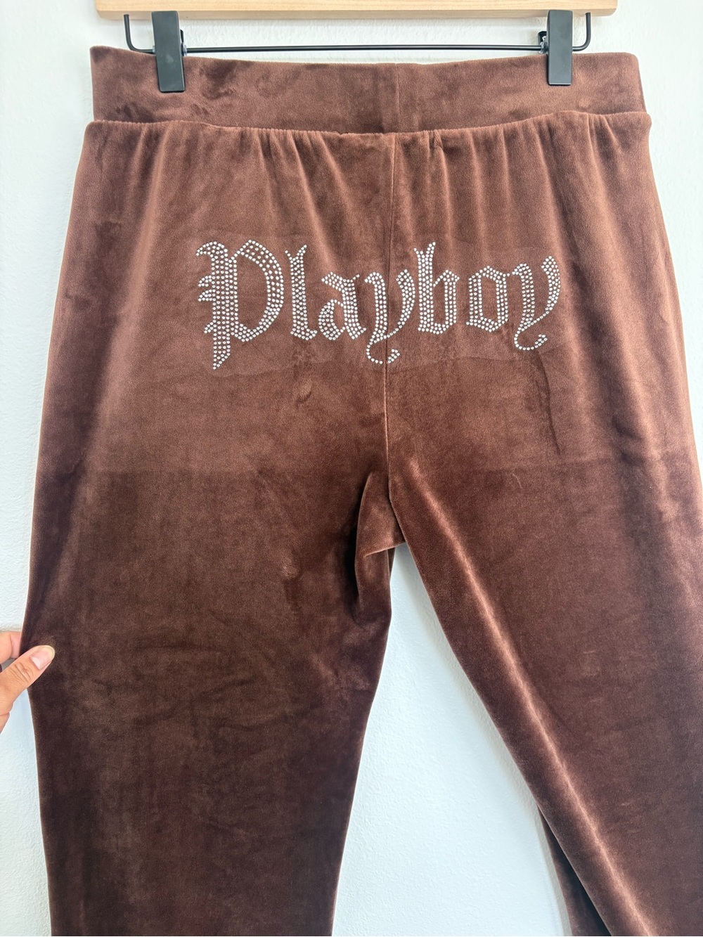 Y2k Brown Velour Playboy Track Pants Women Medium Rhinestone Embellishment